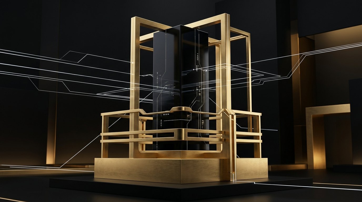Minimalist obsidian server monolith enclosed in gold containment frames representing AI agent governance and Article 12 audit logging