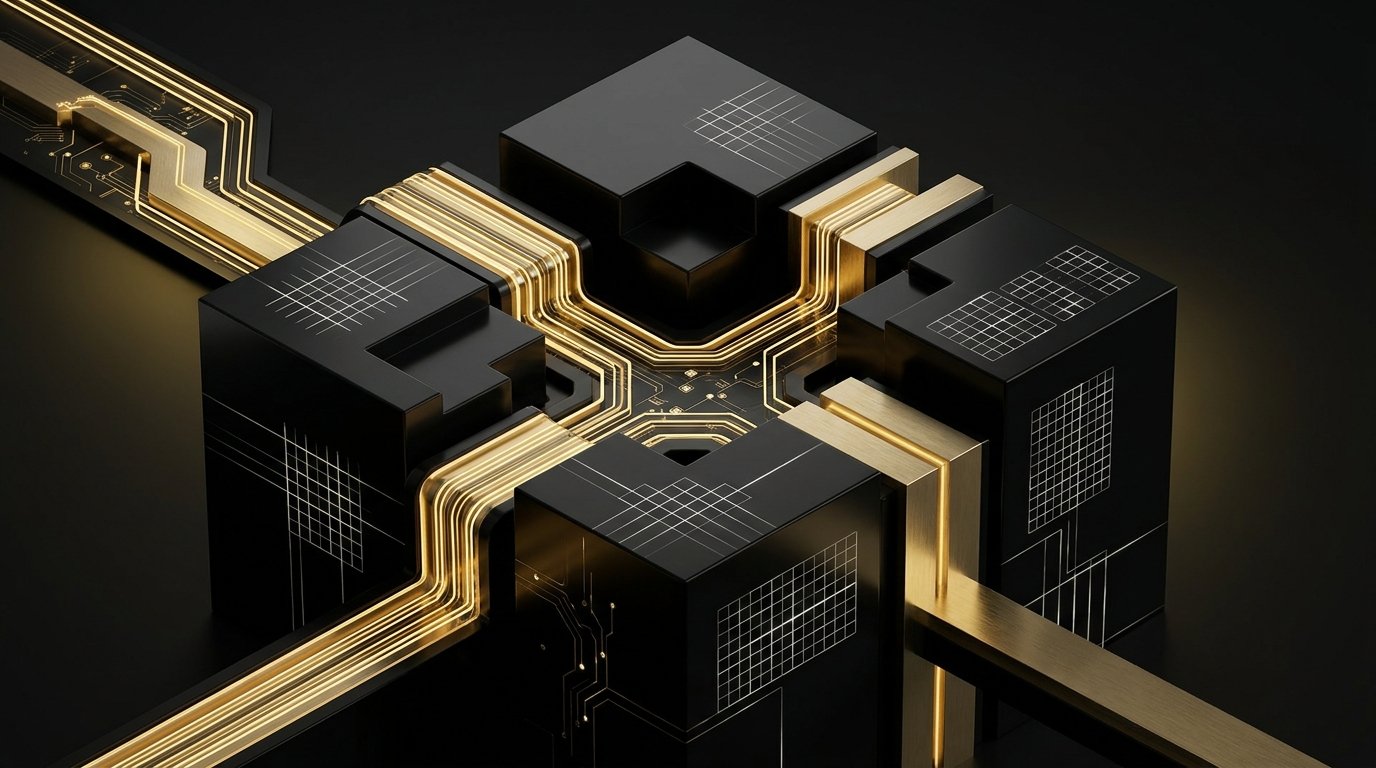 Abstract architectural financial vault with gold conduits representing cross-border venture capital inflows and RBI FDI compliance in India
