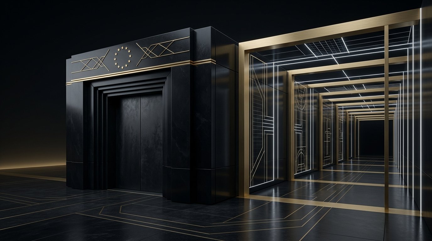 Abstract obsidian compliance vault and data corridor representing India DPDP data audits and European DORA ICT risk registers