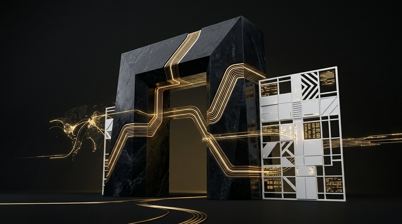 Abstract architectural banking gateway with gold conduits representing RBI service export declarations and foreign remittance settlements